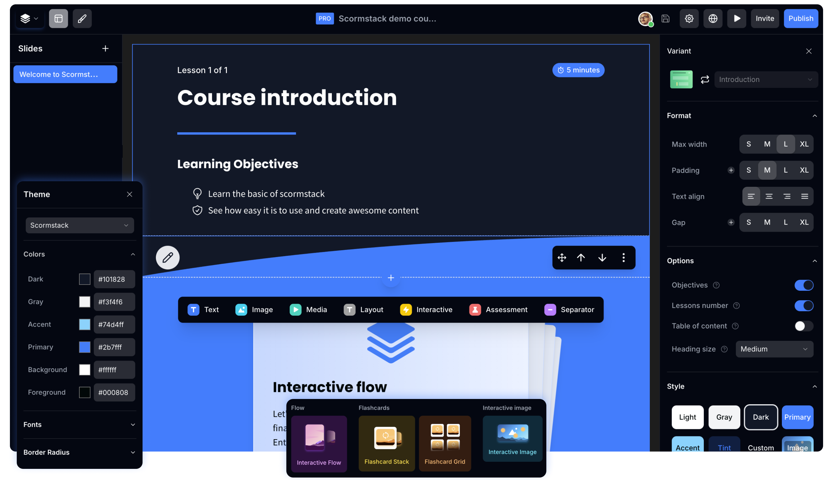 ScormStack SCORM course builder interface showing drag-and-drop editor with interactive blocks, assessment tools, and SCORM export options